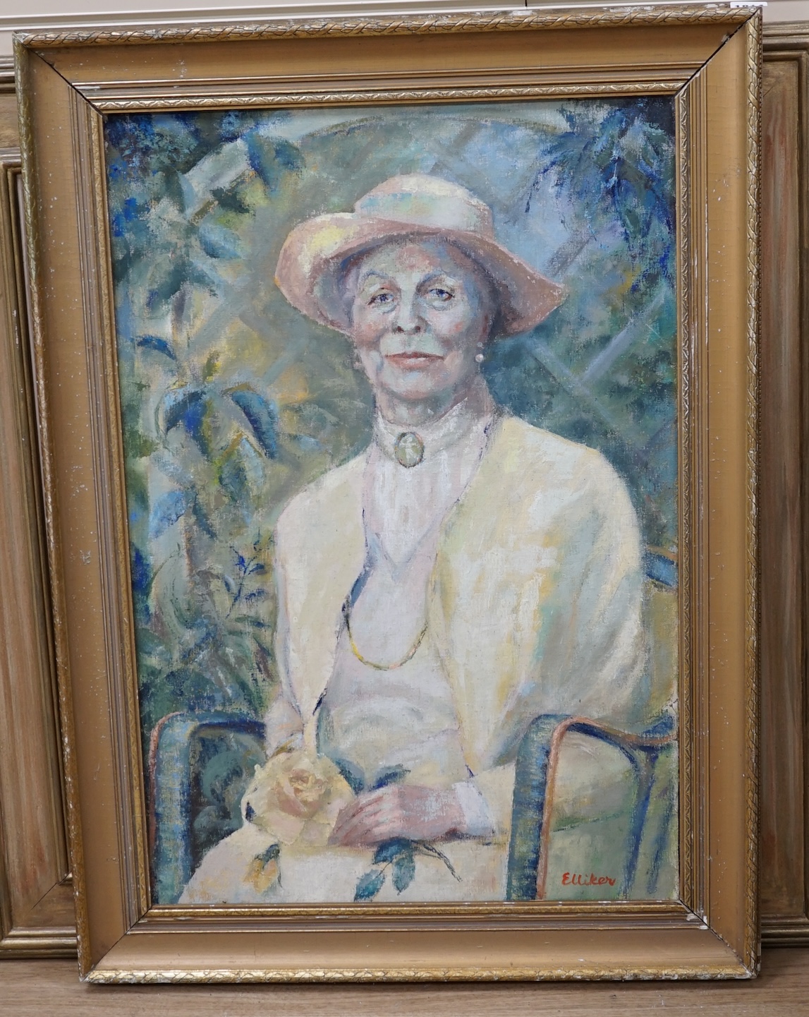 Elliker, oil on board, Half length portrait of a seated elderly lady, signed, 74 x 50cm. Condition - fair to good